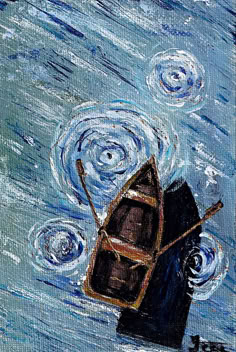 a painting of a boat floating in the water