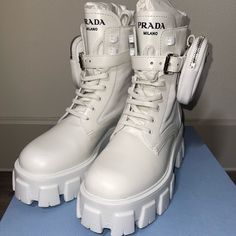 Worn Twice - Great Condition White Prada Boots, Edgy White Winter Boots, White Winter Combat Boots, Prada Monolith Combat Boots, Prada Fur Boots, Prada Combat Boots, Prada Shoes, Winter Fashion Outfits, Combat Boots