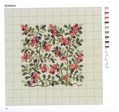 a cross stitch pattern with red flowers and green leaves on white paper, in the shape of a square