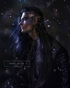 a woman with long black hair and stars on her face, in front of a dark background