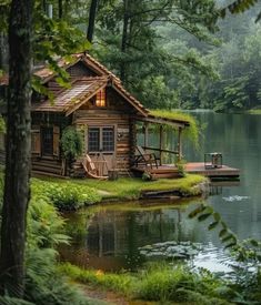 a log cabin sits on the shore of a lake surrounded by trees and greenery