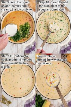 the steps to make creamy soup with corn and broccoli are shown in pictures