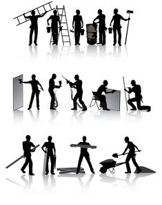 silhouettes of construction workers and their tools