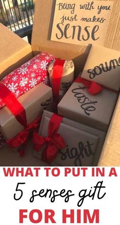 boxes with presents wrapped in red ribbon and the words what to put in a 5 sense gift for him valentine's day