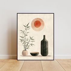 an art print with a vase, bowl and bamboo plant