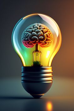 a glowing light bulb with a brain inside it and grass growing in the top half