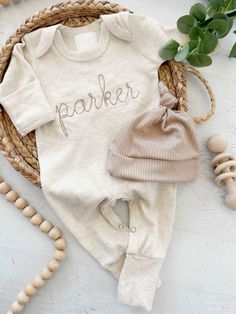 Personalized Oatmeal And Taupe Vintage Stitch Romper With Bow Or Hat Baby Going Home Outfit, Newborn Hospital Outfits, Newborn Photo Outfits, Baby Coming Home Outfit, Hospital Outfit, Pregnancy Reveal, Organic Baby Clothes