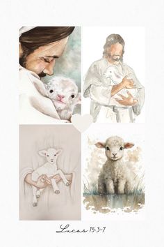 a woman holding a baby sheep next to pictures of other animals