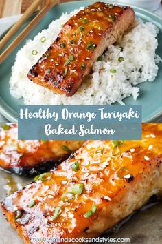 healthy orange teriyaki baked salmon with rice and chopsticks on the side