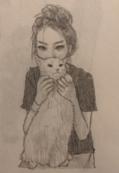 a drawing of a woman holding a cat with her face close to her chest and looking at the camera