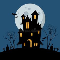 a spooky halloween house with bats and full moon in the night sky background