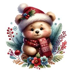 a painting of a teddy bear wearing a christmas hat and scarf with holly wreaths around it