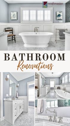 the bathroom renovations are being displayed in three different pictures, with text overlaying them