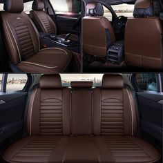 the inside and outside view of a car with brown leather upholstered seats, in three different views