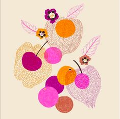 an artistic drawing of cherries and leaves on a beige background with pink, purple, orange and yellow colors