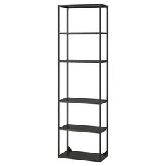 a black metal shelf with four shelves on each side and one in the middle, against a white background