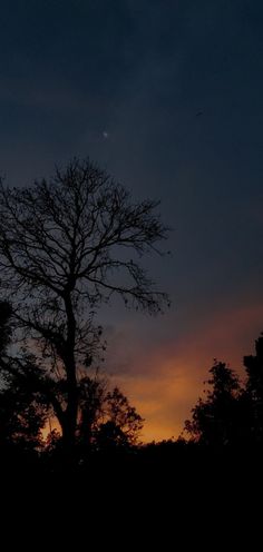 the sun is setting behind some trees