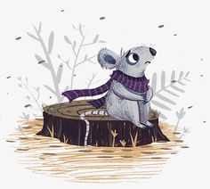 a drawing of a koala sitting on top of a tree stump wearing a scarf