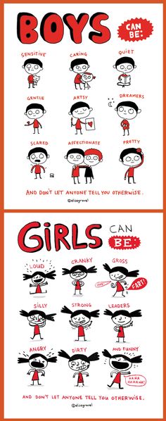 two different types of cartoon characters with the words boys and girls in red on them