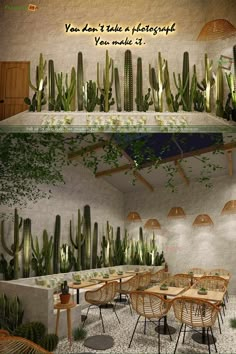 an outdoor dining area with cactus plants on the walls and tables in the middle, surrounded by hanging lights