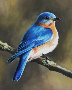 a painting of a blue bird sitting on a branch