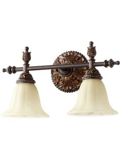 two light bathroom fixture in an antique style with white glass shades and bronze finish fixtures