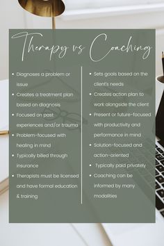 there is a table with a laptop on it and the words therapy vs coaching above it