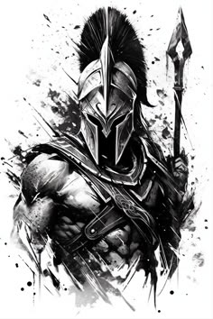 a black and white drawing of a spartan