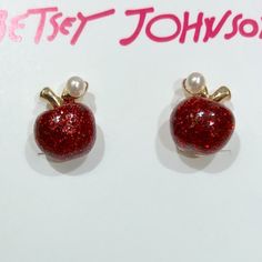 Post Back Closure. Approx. 0.40" X 0.35". Bj11 Betsey Johnson Jewelry, Red Apple, Gold Pearl, Betsey Johnson, Red Gold, Jewelry Earrings, Women Jewelry, Stud Earrings, Red