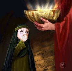 a painting of a woman holding a bowl with light coming from it