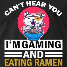 a black t - shirt with an image of a cat eating ramen in it