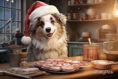 a dog wearing a santa hat sitting in front of a table full of cookies and pastries