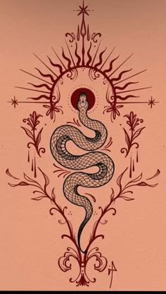 a drawing of a woman with a snake on her arm and an ornate design in the middle