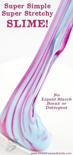 a pink and blue liquid swirl on top of a white plate with the text super simple slime no liquid search deterant