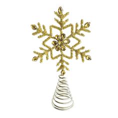 a gold snowflake ornament with spirals and beads on a white background