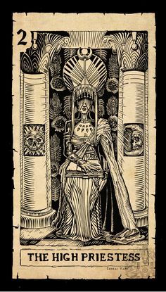 the high priestess tarot card with an image of a skeleton sitting on a throne