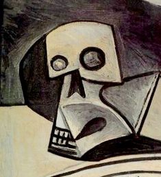 a drawing of a skull with a book in it's mouth and a clock on the table