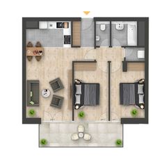 an overhead view of a two bedroom apartment