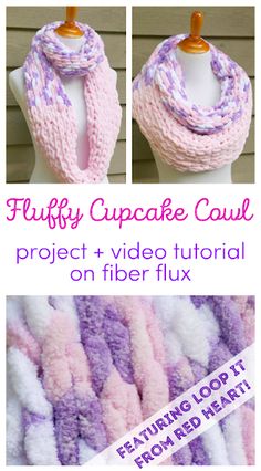 the fluffy cupcake cowl scarf is shown with instructions to make it look like they are