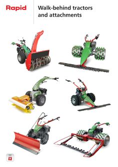 the cover of rapid walk behind tractors and attachments, featuring four different types of lawn mowers