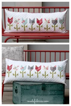 two pictures of the same pillow with flowers on it, one is made from an old suitcase