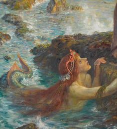 a painting of a woman in the water with her hair blowing back and holding onto a rock