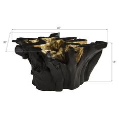 a black and gold coffee table with golden leaf accents on the top, along with measurements