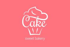 the word cake is written in white on a pink background with a cupcake logo