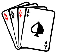 four playing cards are shown in black and white, with the ace symbol on each card