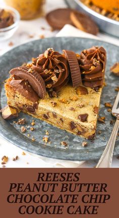 a piece of peanut butter chocolate chip cookie cake on a plate