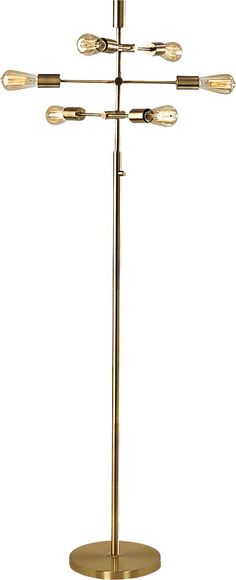 a gold metal and glass floor lamp with four lights on each arm, in the shape of an eight - light chandelier