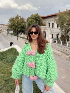 Heyays Bubblegum Handknitted Cardigan, Green Cardigan, Harajuku Style, Japanese Style, Colorful Knitwear, Bow Cardigan, Buttoned Cardigan - Etsy Turkey Crochet Cardigan Tutorial, Bow Cardigan, Logo Package, Cardigan Green, Kimono Sweater, Lace Frontal Wigs, Fashion Crochet, Harajuku Style, Green Cardigan