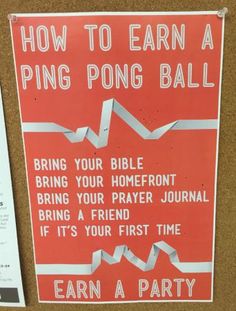 a sign that is on the side of a bulletin board saying how to earn a ping pong ball