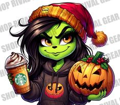 a cartoon character holding a cup of coffee and wearing a witches costume with pumpkins